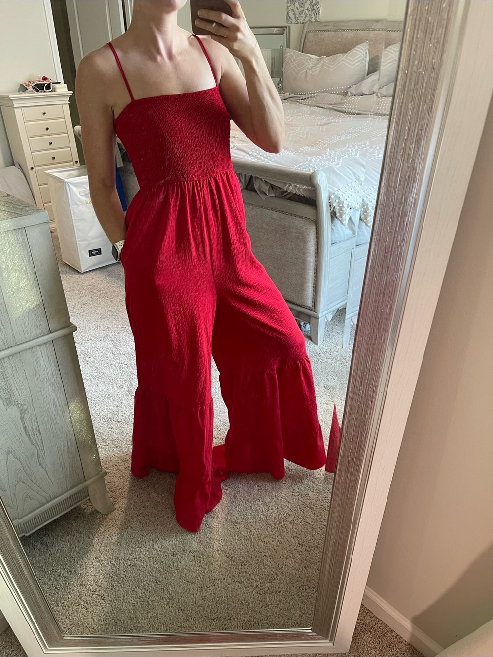 Red Smocked Wide-Leg Jumpsuit with Spaghetti Straps